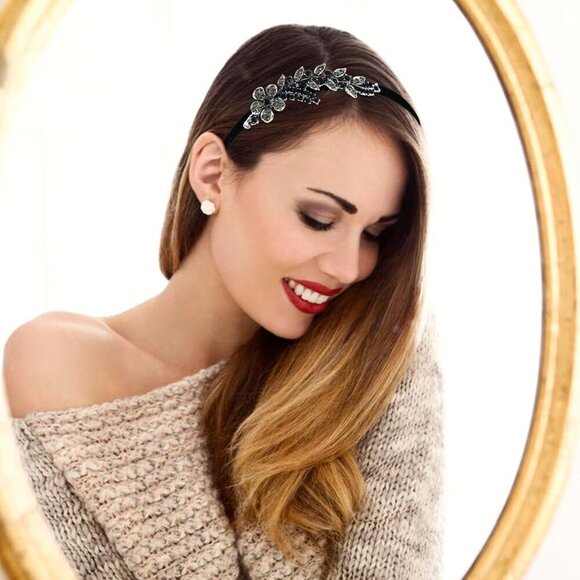 8 Pack Rhinestone Black Metal Headbands Velvet Non Slip for Women Girls